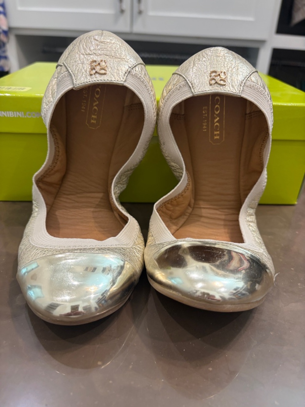 COACH Champagne Metallic Ballet Flats with Silver Cap Toe